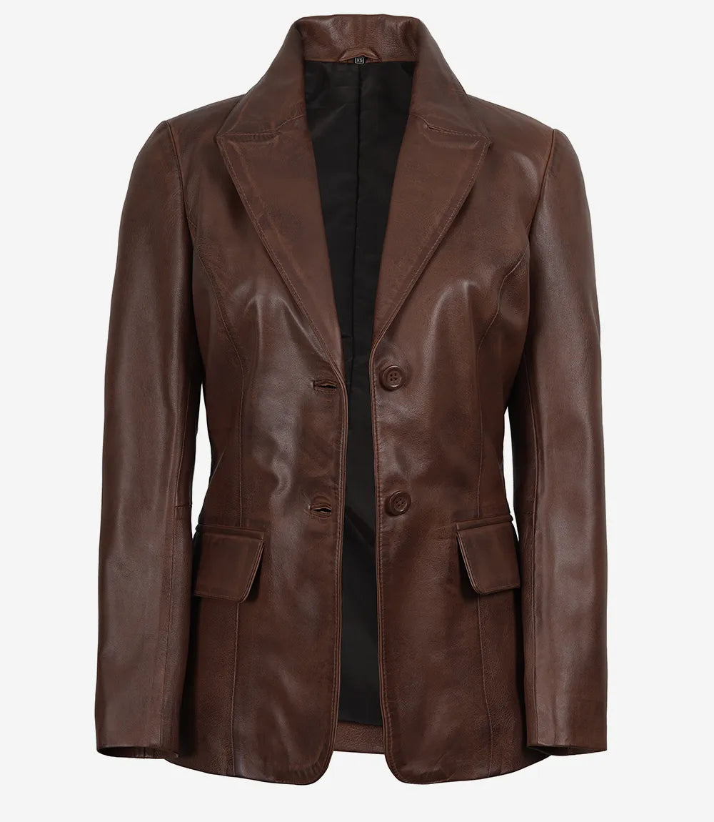 Women's Two Button Cognac Waxed Leather Blazer
