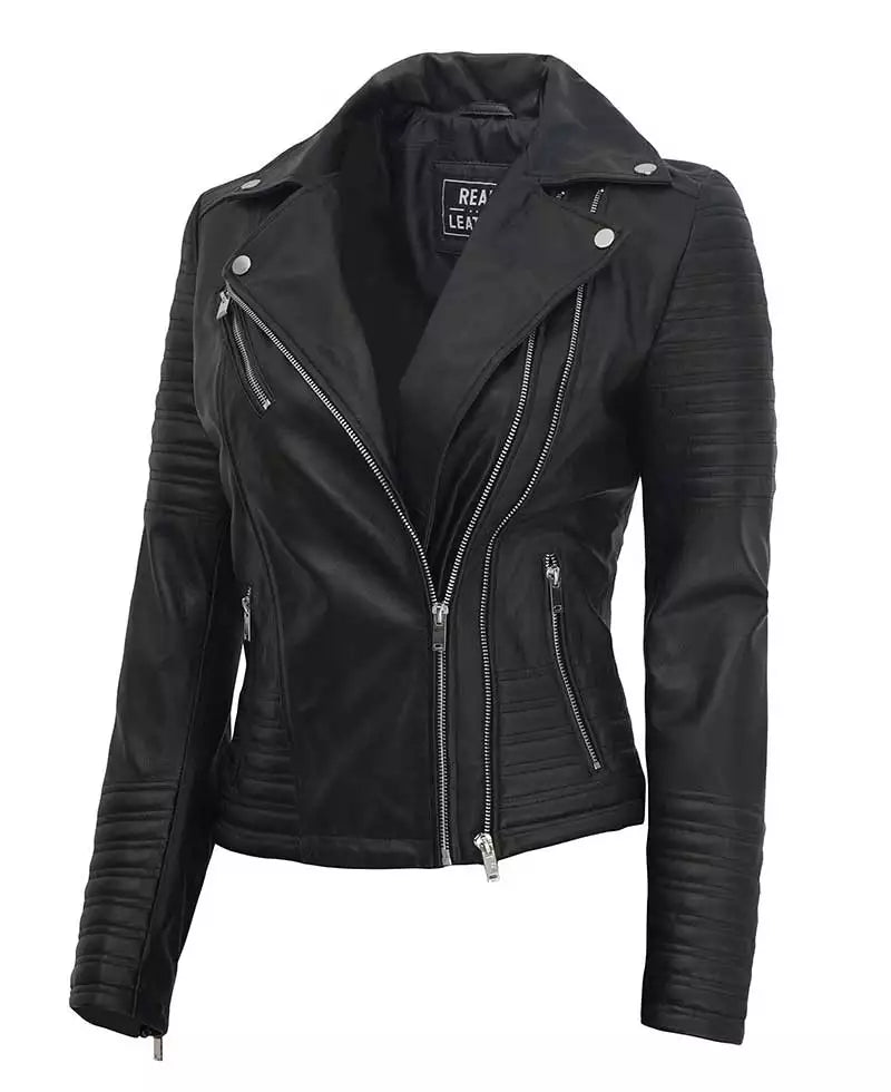 Womens Black Asymmetrical Biker Leather Jacket