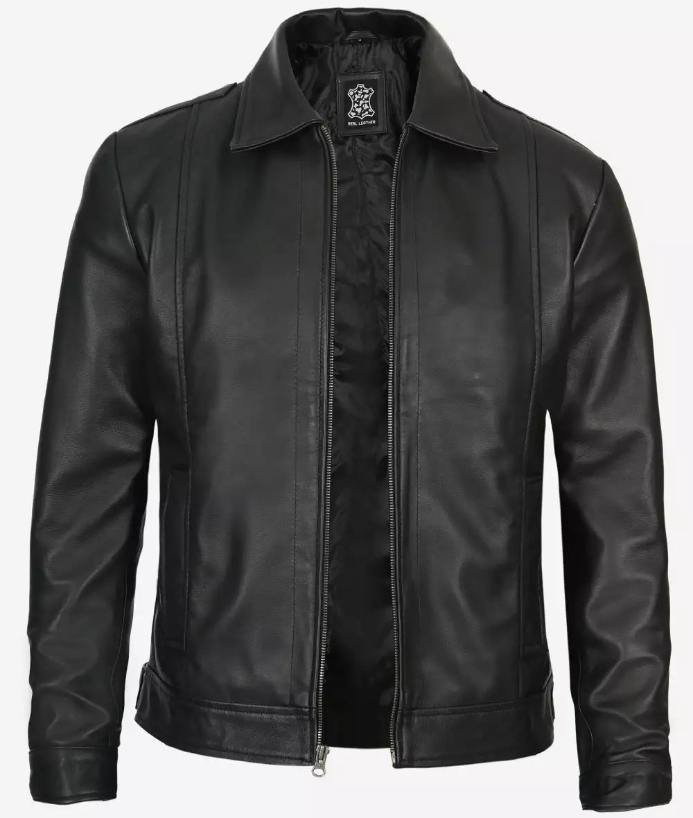 Mens Tall Shirt Collar Black Vintage Leather Jacket