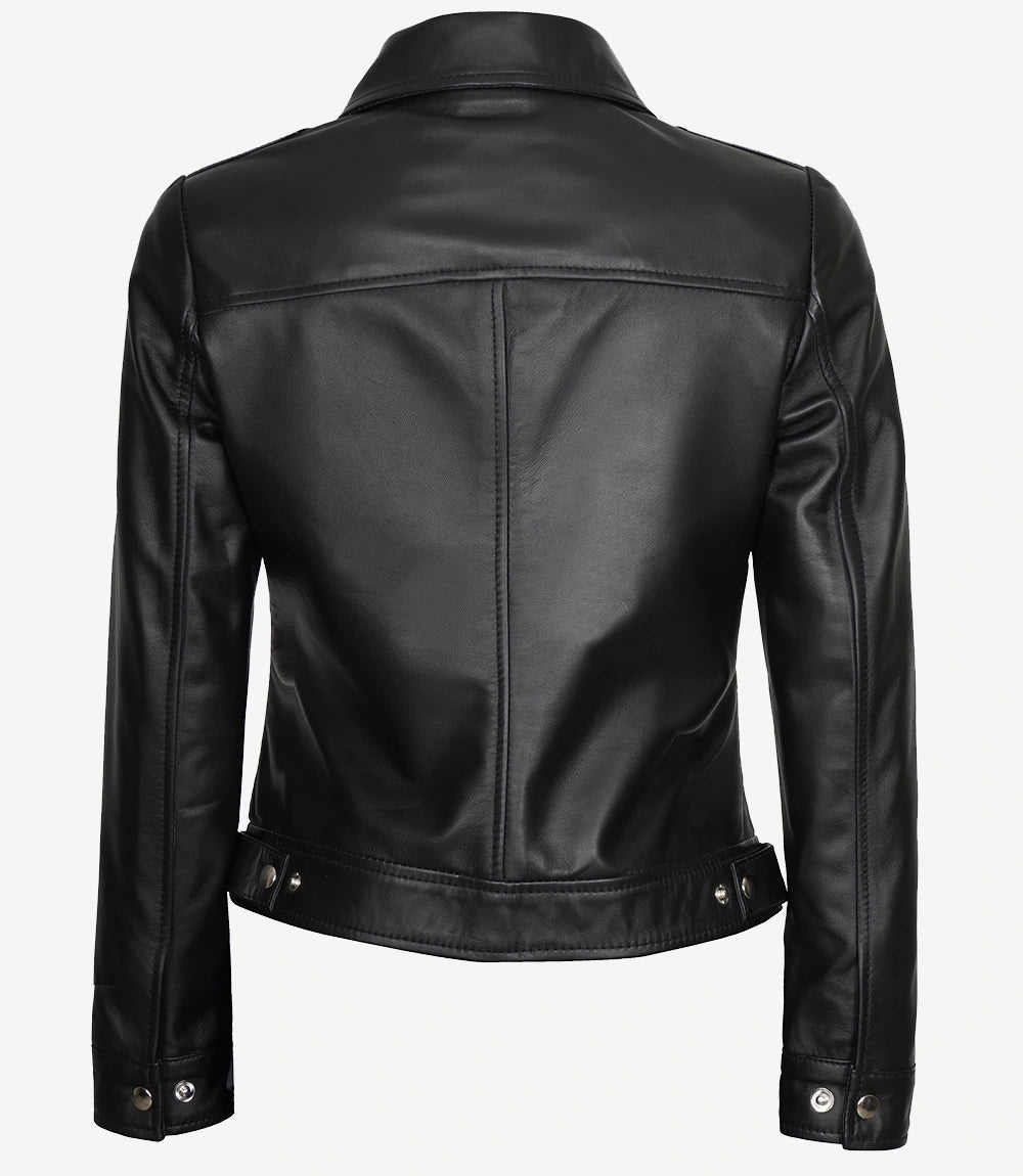 Womens Shirt Collar Black Leather Jacket