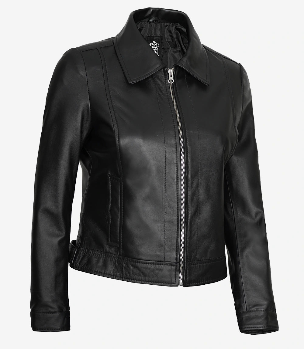 Womens Shirt Collar Black Leather Jacket