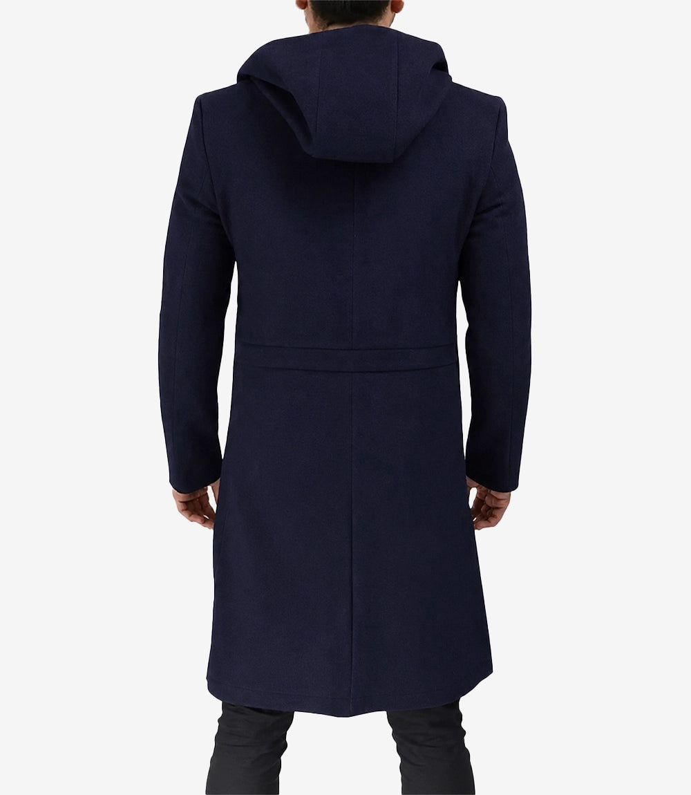 Men’s Blue Hooded Wool Coat - Zip-Up Winter Warmth - Blue - view 2
