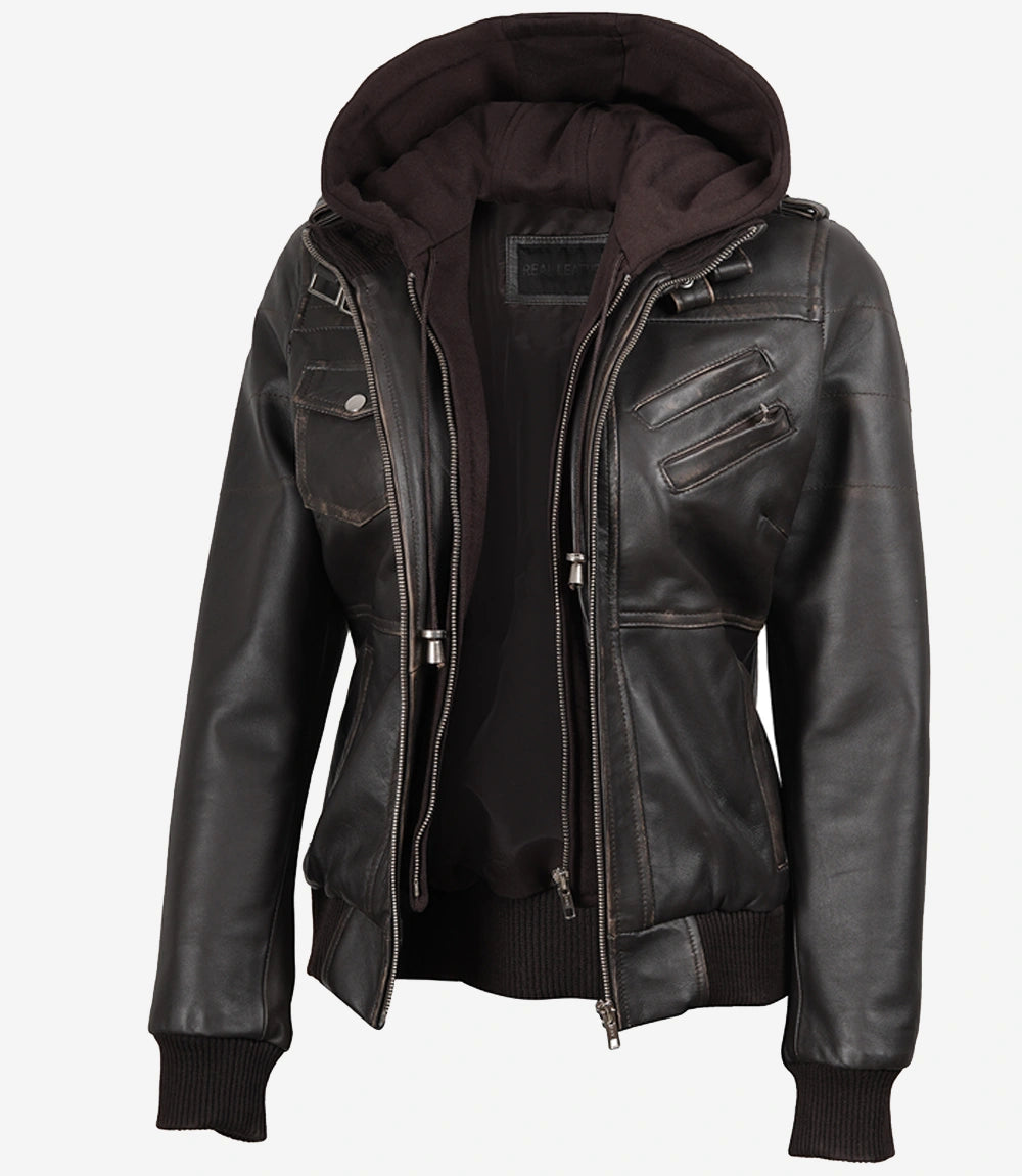 Womens Rub Off Brown Hooded Bomber Leather Jacket