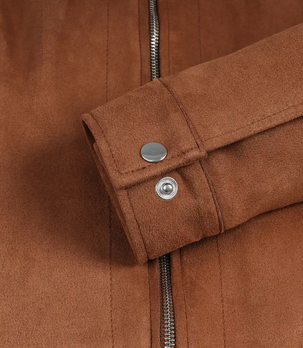 Womens Shirt Collar Light Brown Faux Suede Jacket