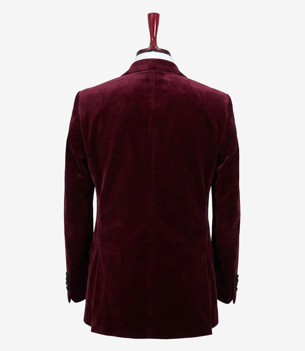 Men’s Burgundy Velvet Double-Breasted Tuxedo Jacket — Peak Lapel