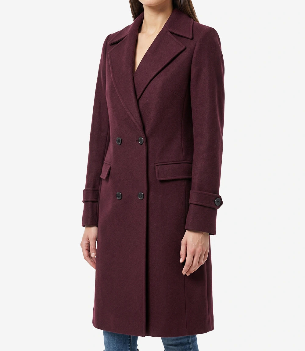 Women's Double Breasted Wool Coat – Maroon Long Wrap Coat
