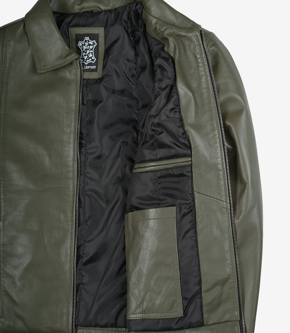Mens Shirt Collar Green Leather Jacket