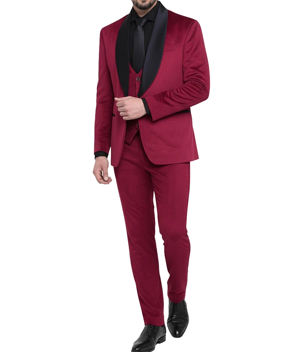 Men’s Red Velvet 3-Piece Tuxedo — Shawl Lapel