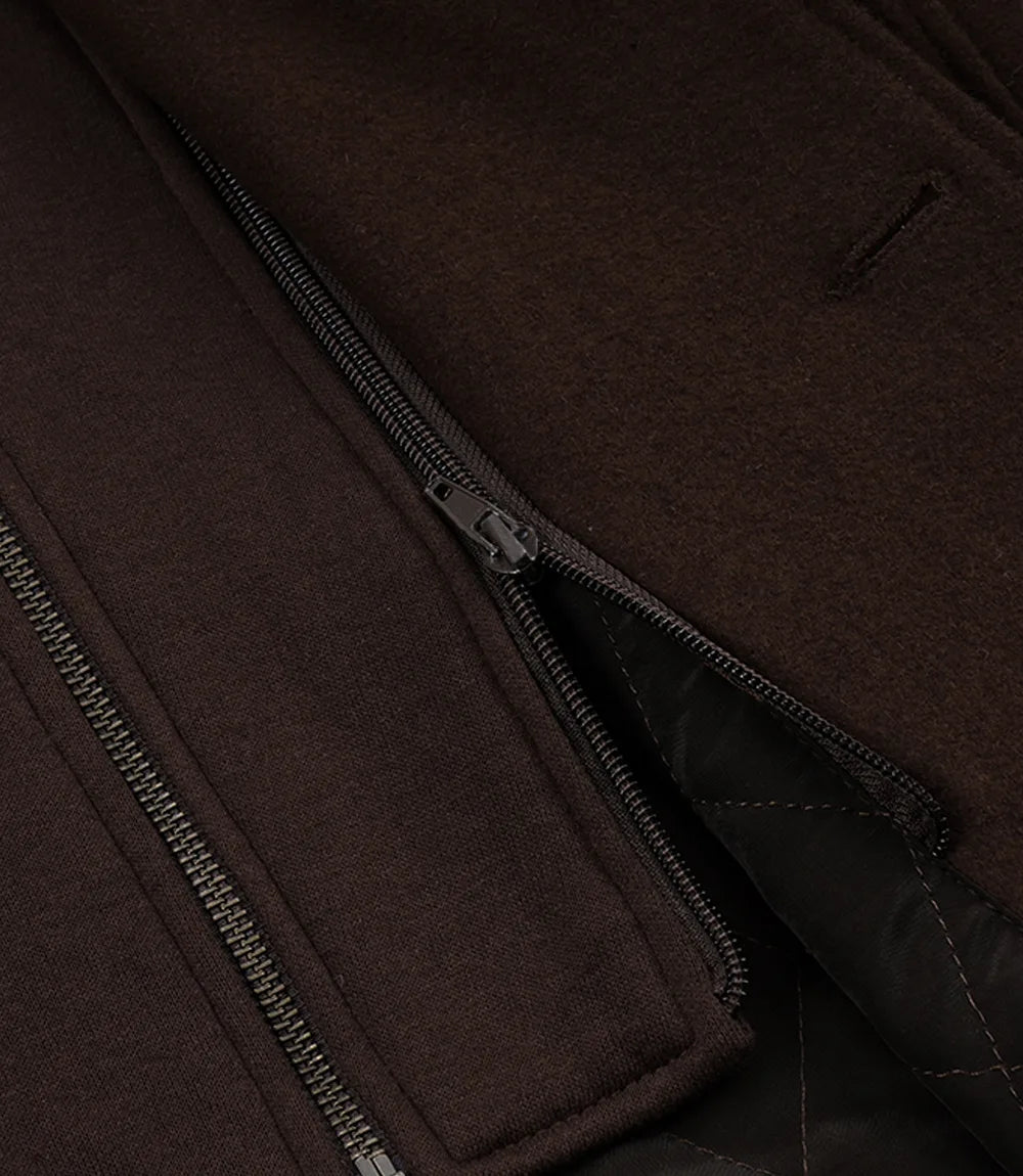 Men's Brown Wool Jacket – Removable Hood with Notch Lapel