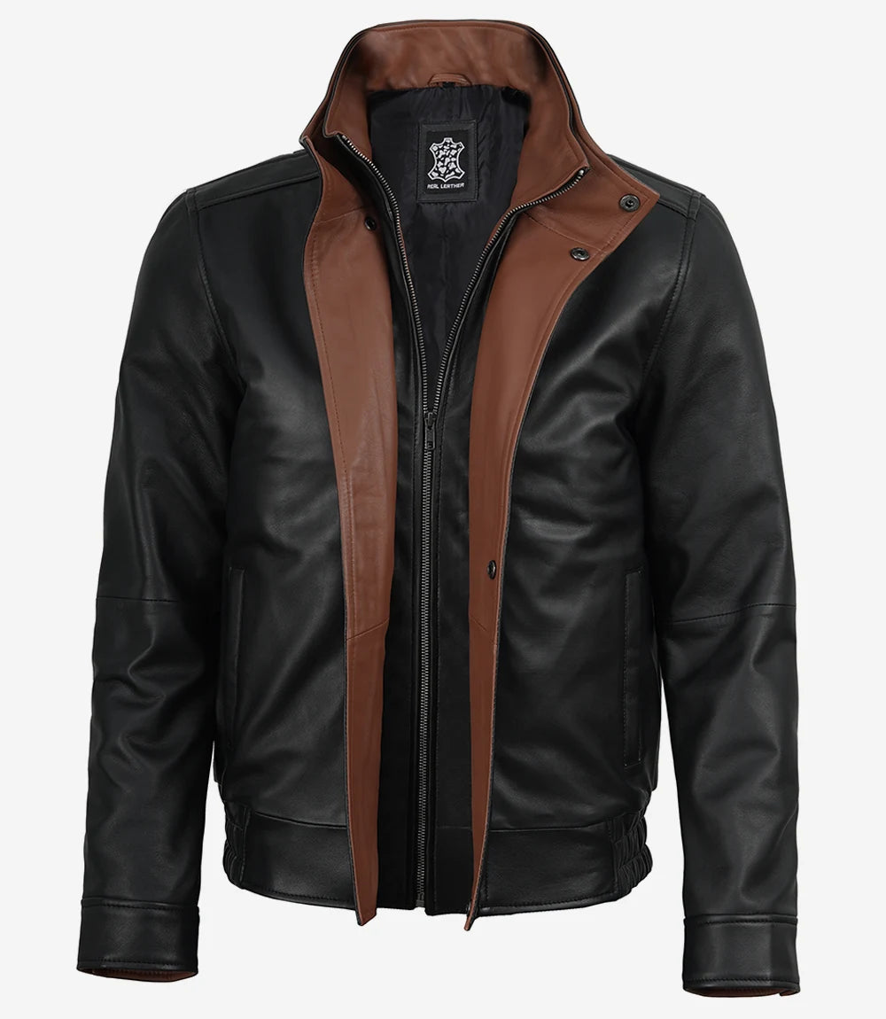 Erin Mens High-Collar Black Bomber Leather Jacket With Brown Details
