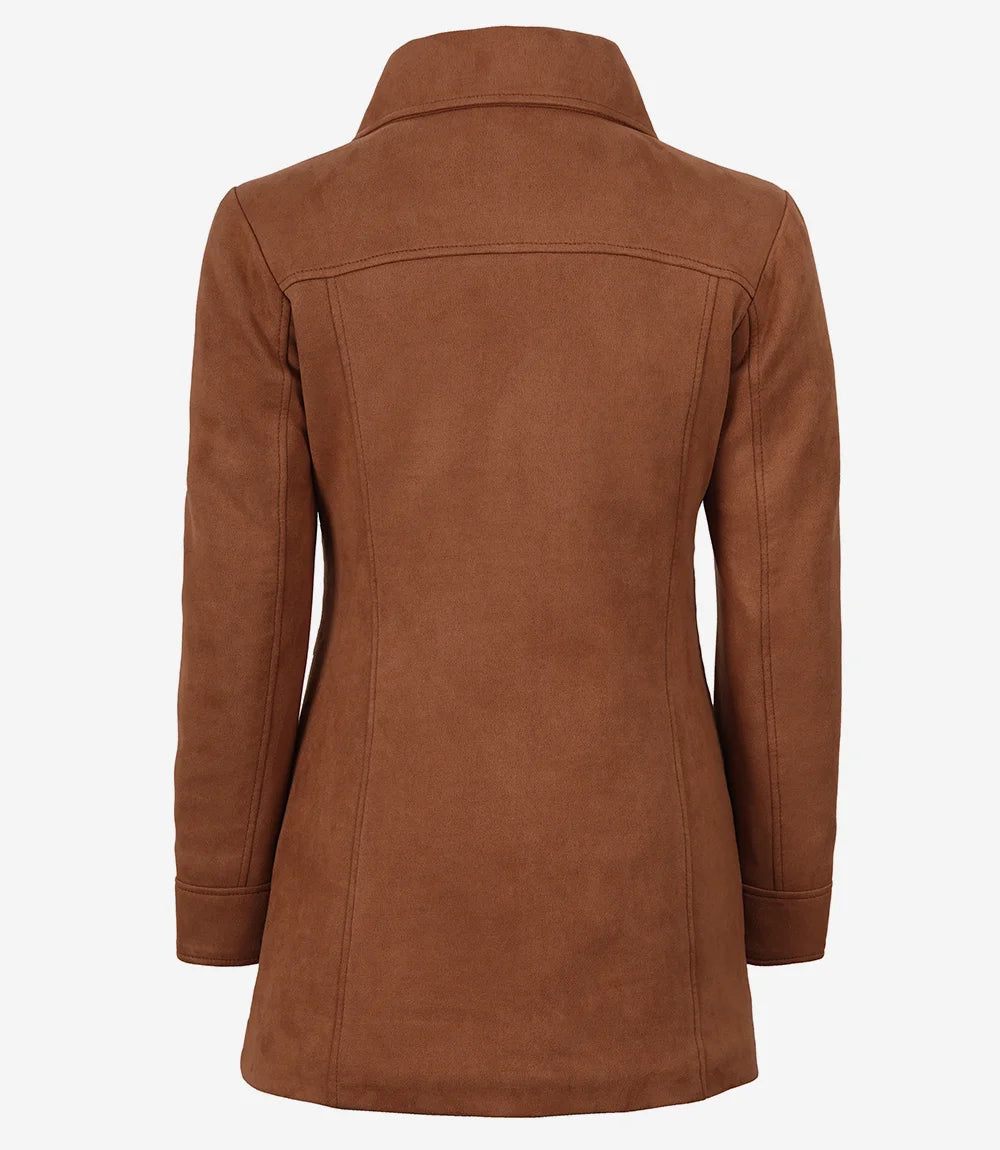 Women's 3/4 Length Button Down Light Brown Faux Suede Coat