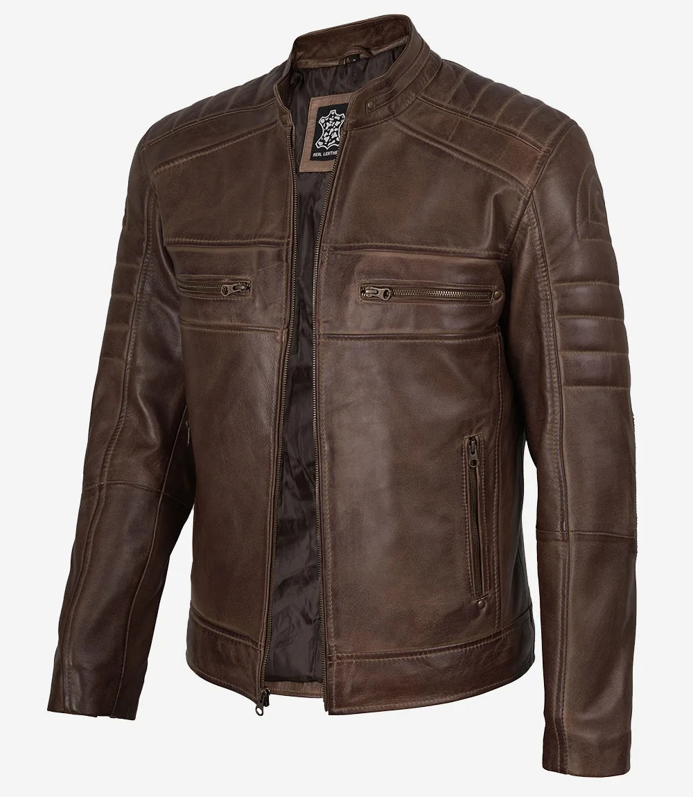 Men's Coffee Brown Distressed Leather Jacket - Biker Style