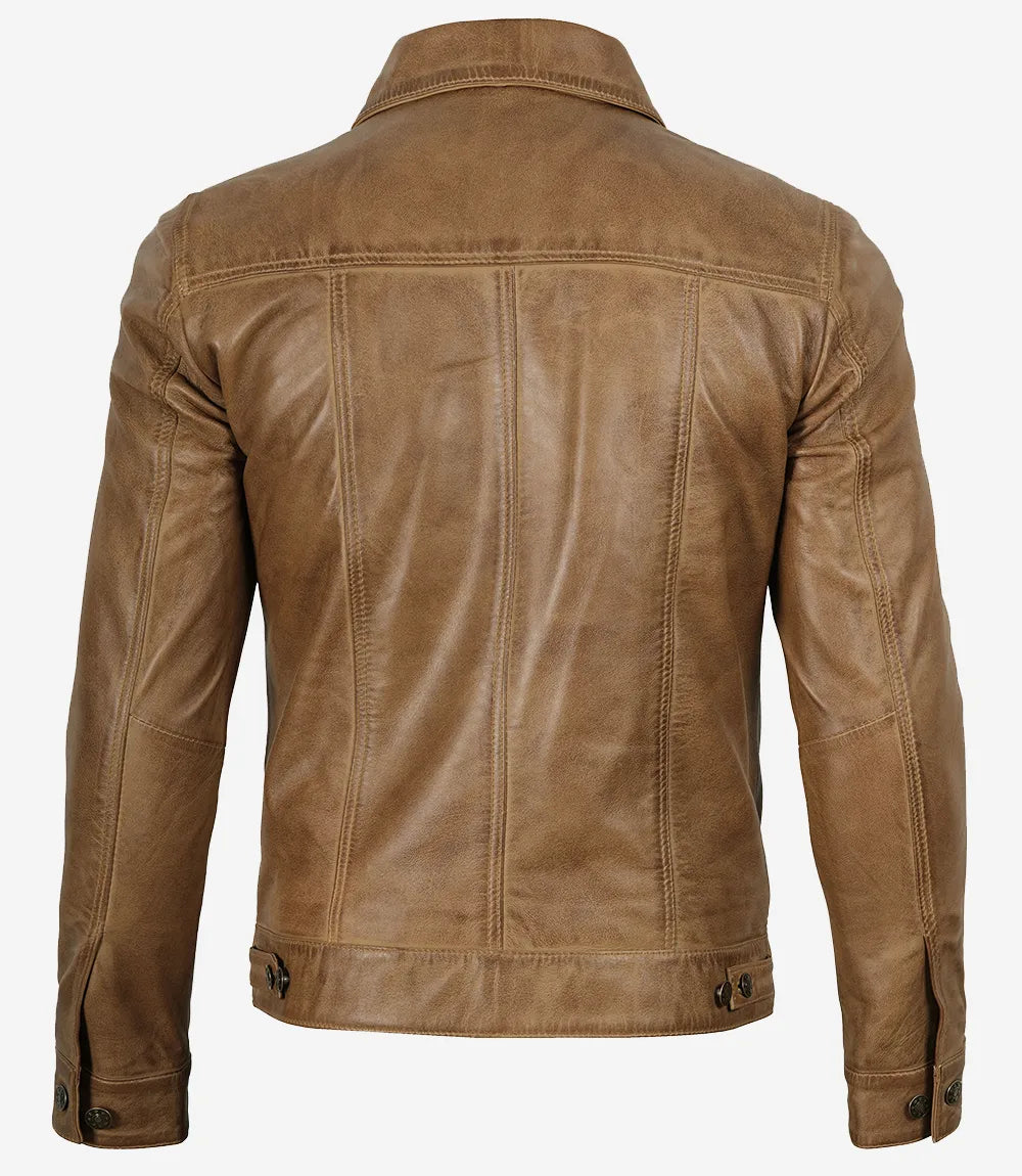 Men's Real Leather Camel Brown Trucker Jacket