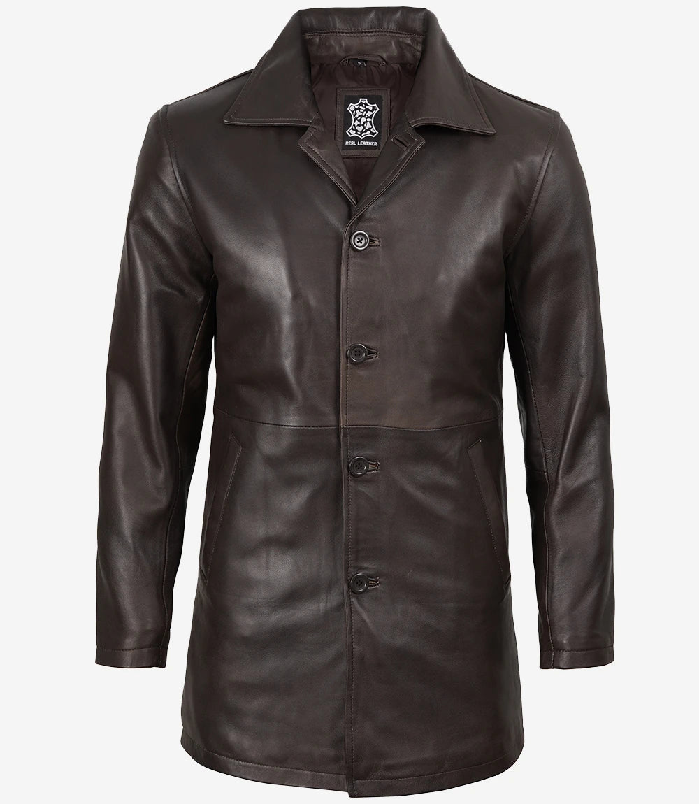 Men's Real Leather 3/4 Length Distressed Brown Coat
