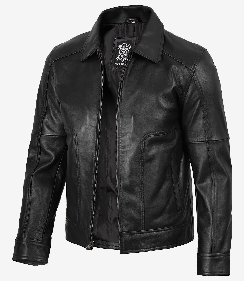 Men's Shirt Collar Classic Black Leather Jacket