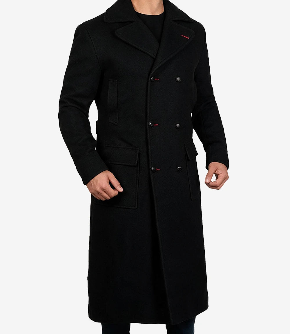 Men’s Double-Breasted Long Black Wool Coat - Black - view 2