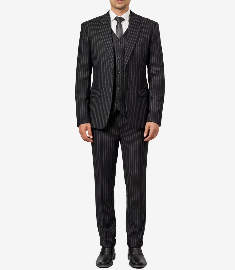 Men's Black Pinstripe Wool-Blend 3-Piece Suit Vintage 1920s Cut