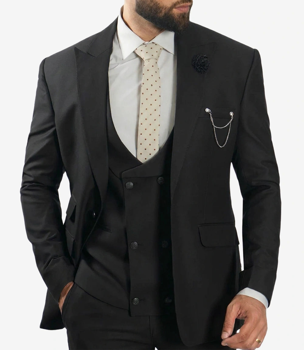 Morgan Slim Fit Peak Lapel 3-Piece Black Men’s Suit