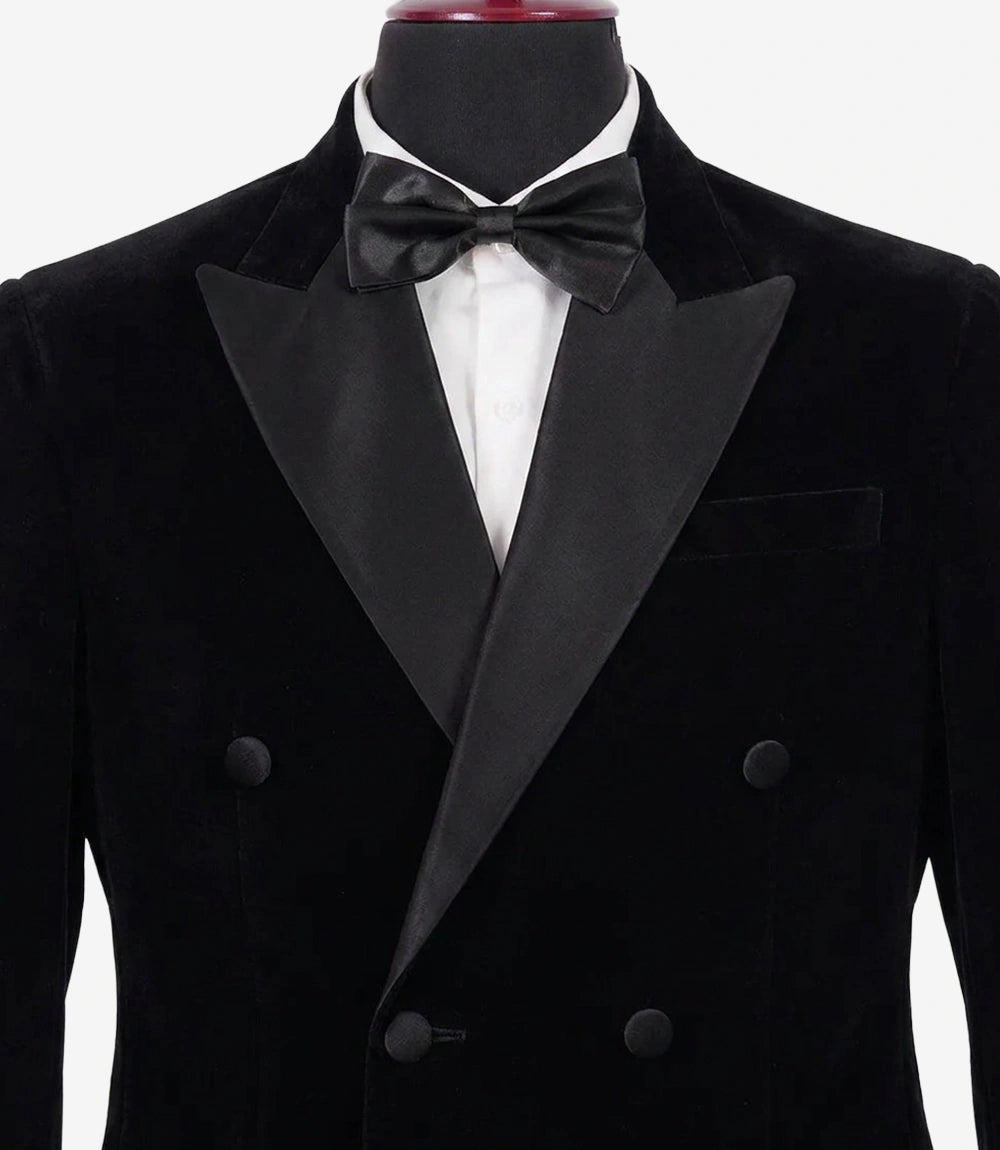Men’s Black Velvet Double-Breasted Tuxedo Jacket — Peak Lapel