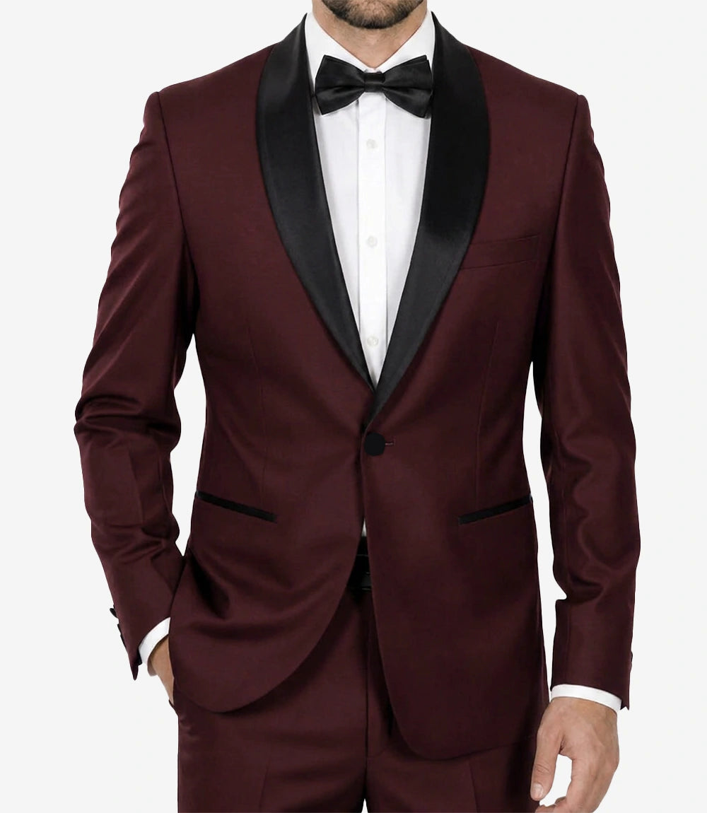 Men’s Burgundy Shawl Lapel Tuxedo — Single Button, Black Lapel