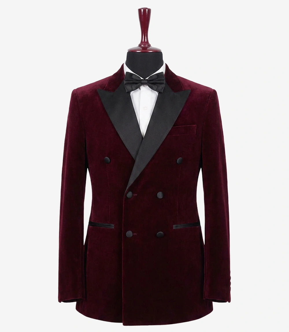 Men’s Burgundy Velvet Double-Breasted Tuxedo Jacket — Peak Lapel