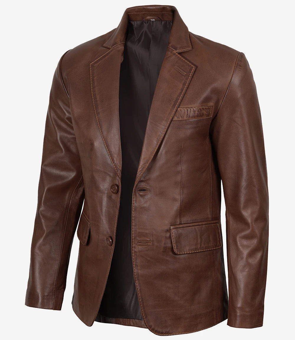 Mens Two Button Cognac Waxed Leather Blazer - Notch Lapel