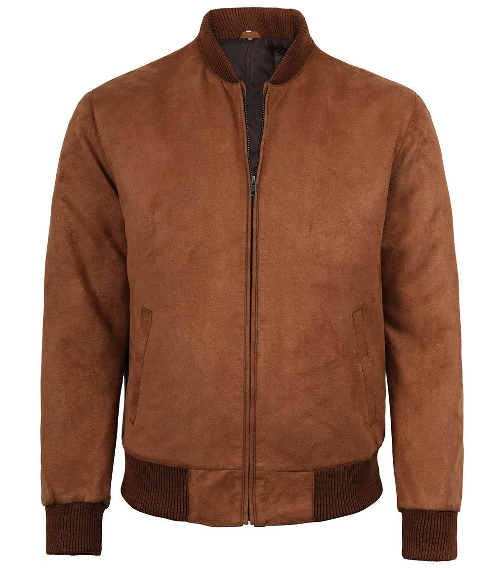 Men's Light Brown Faux Suede Bomber Jacket