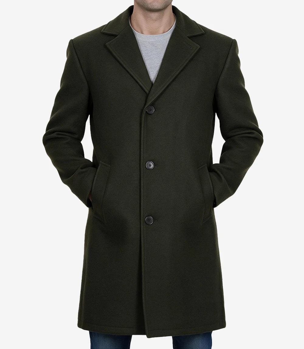Men’s Single-Breasted Olive Green Wool Coat – Modern Fit - Olive Green
