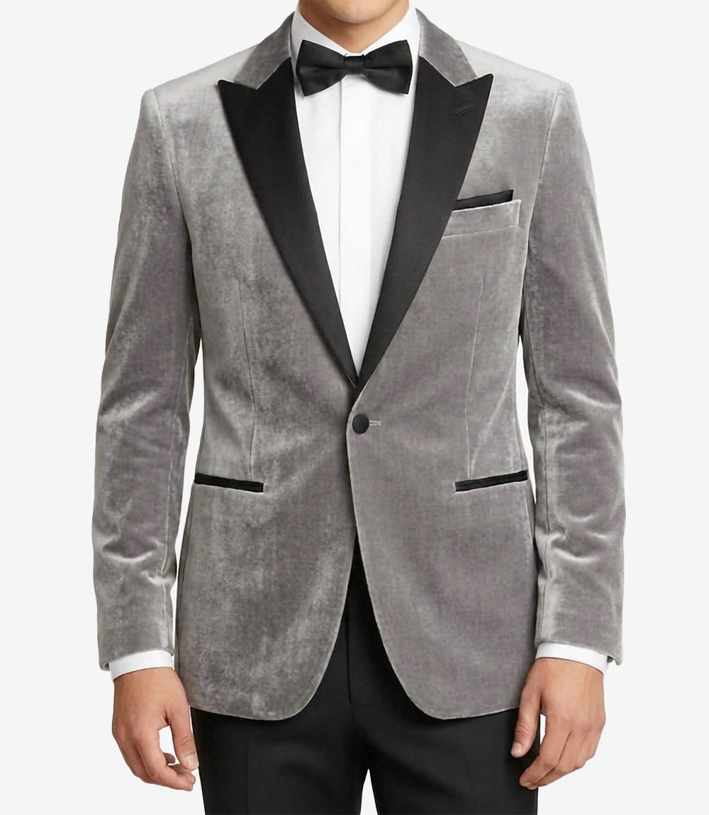 Men's Premium Light Grey Velvet Tuxedo Jacket - Peak Lapel