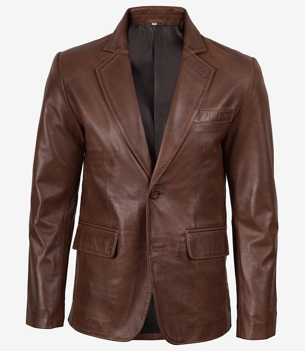 Mens Two Button Cognac Waxed Leather Blazer - Notch Lapel