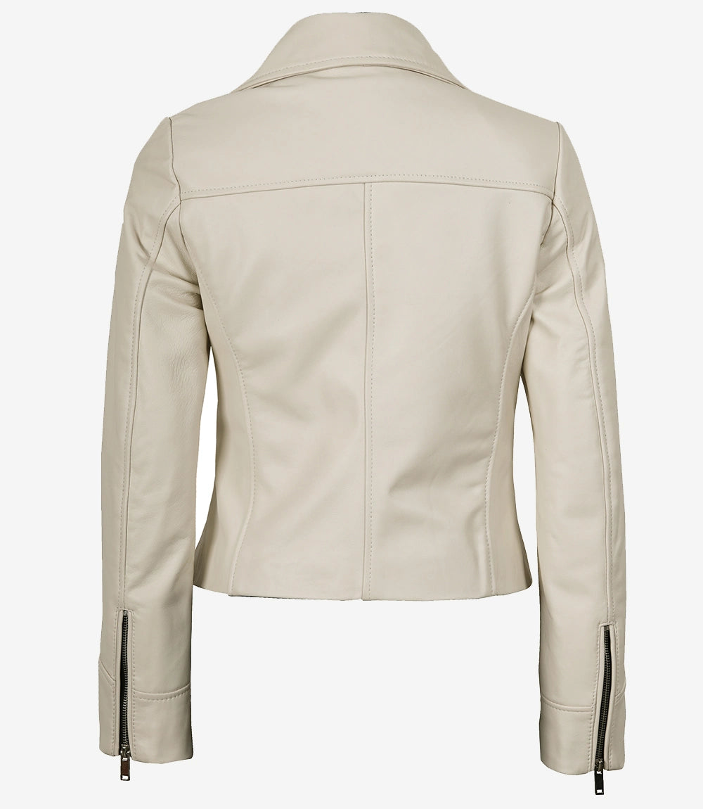Women's Real Lambskin Leather Off White Biker Style Jacket