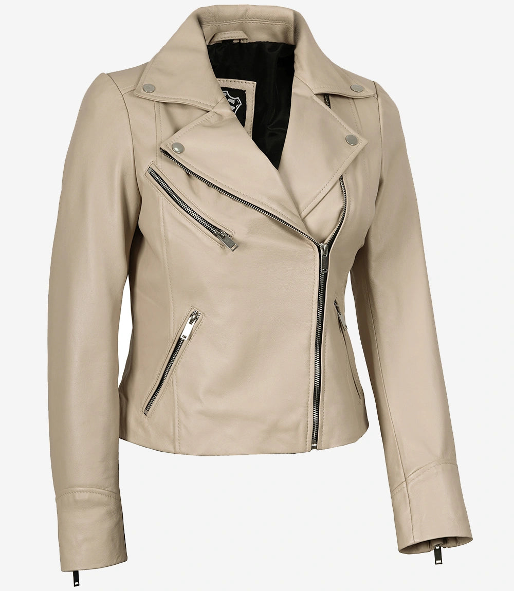 Women's Real Lambskin Leather Beige Biker Style Jacket