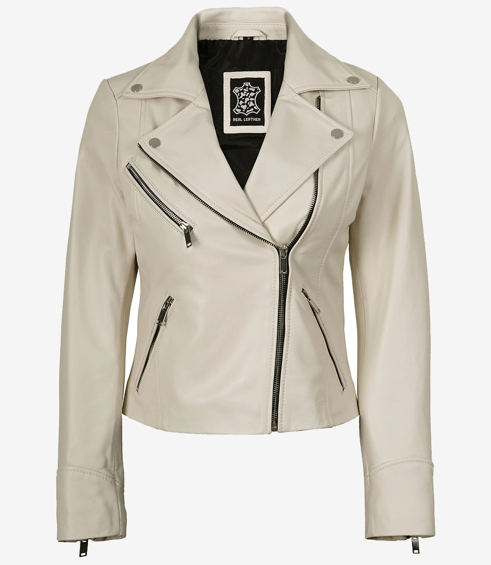 Women's Real Lambskin Leather Off White Biker Style Jacket
