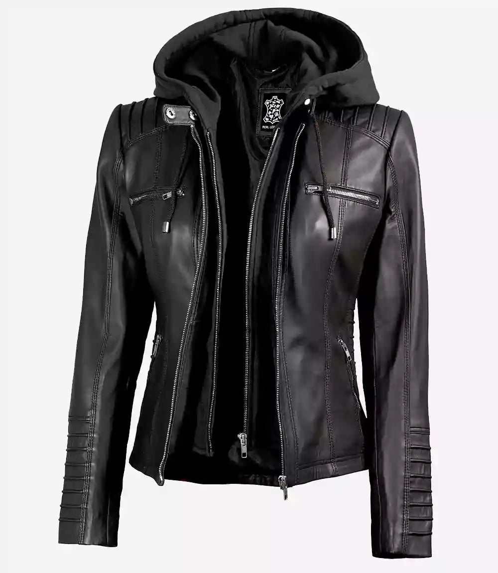 Womens Black Leather Jacket With Hood