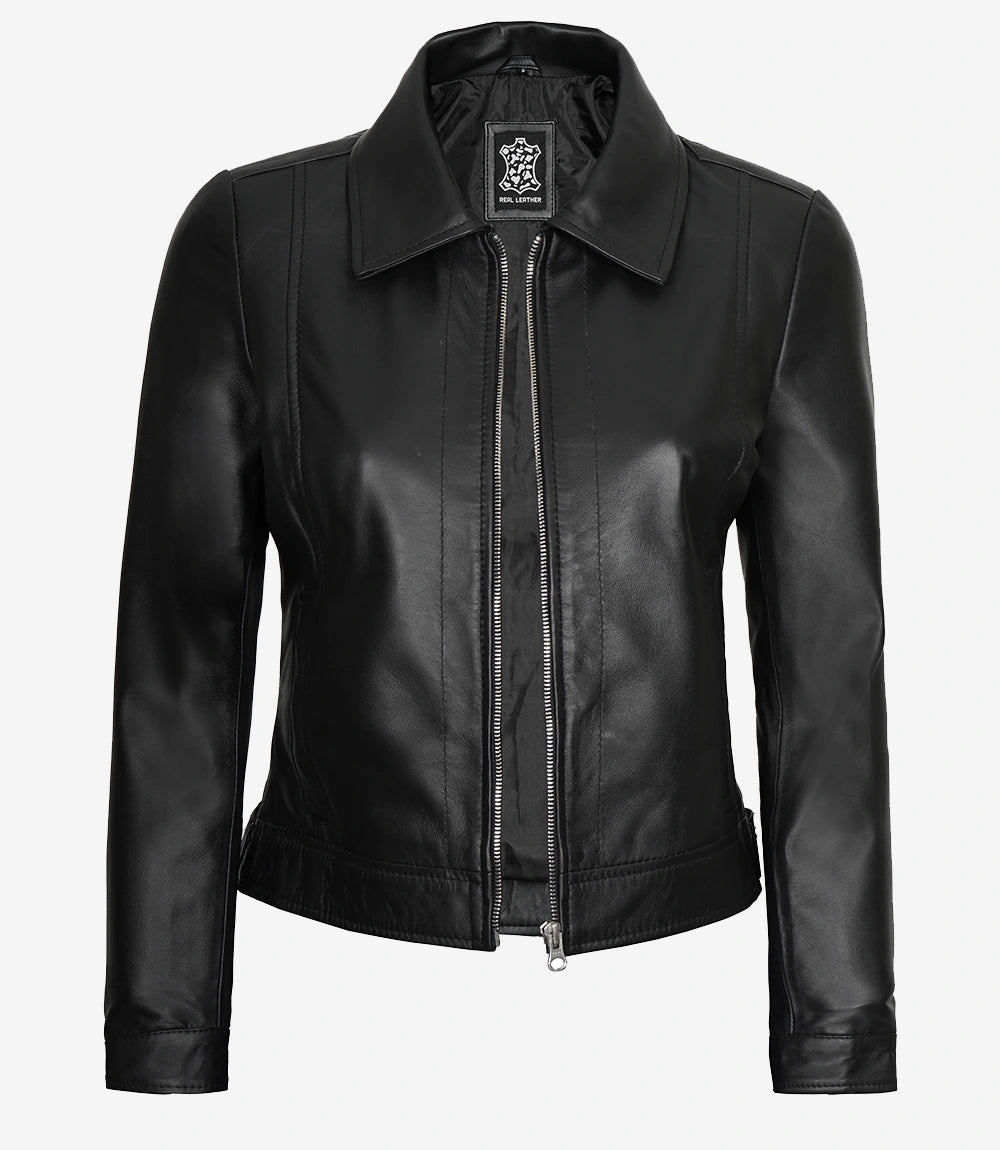 Womens Shirt Collar Black Leather Jacket