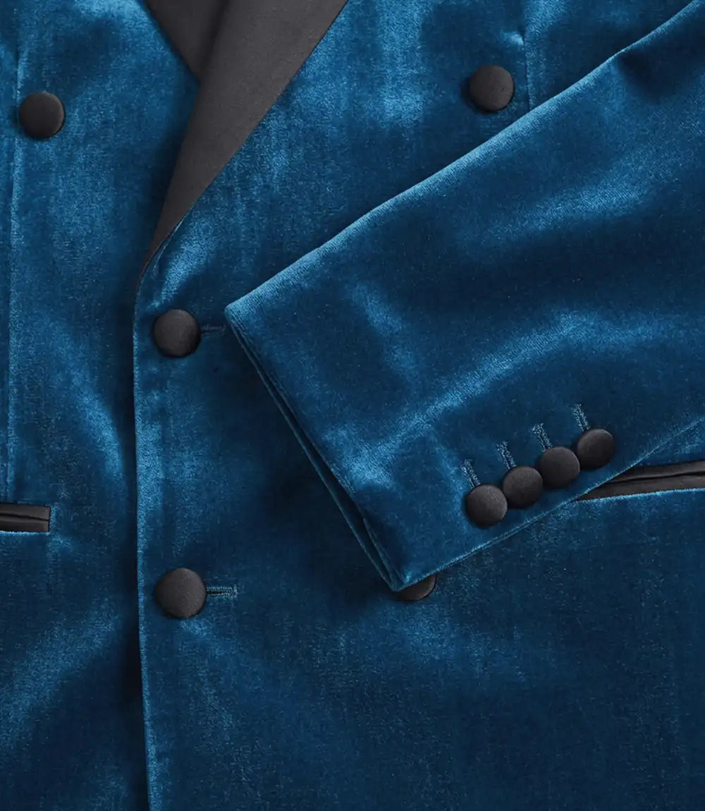 Men’s Teal Blue Velvet Double-Breasted Tuxedo Jacket — Peak Lapel