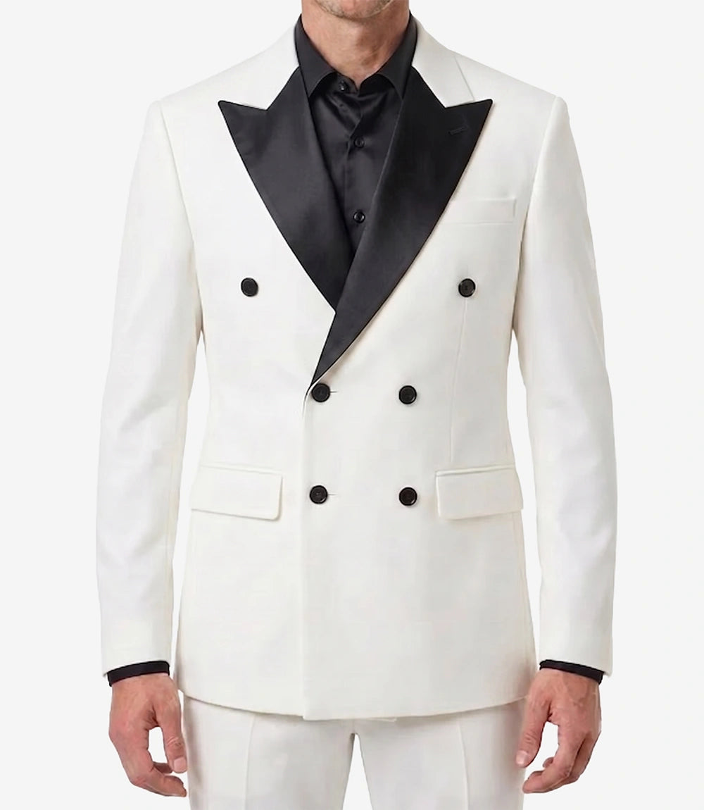 Men's White Double-Breasted 2-Piece Suit with Black Peak Lapel