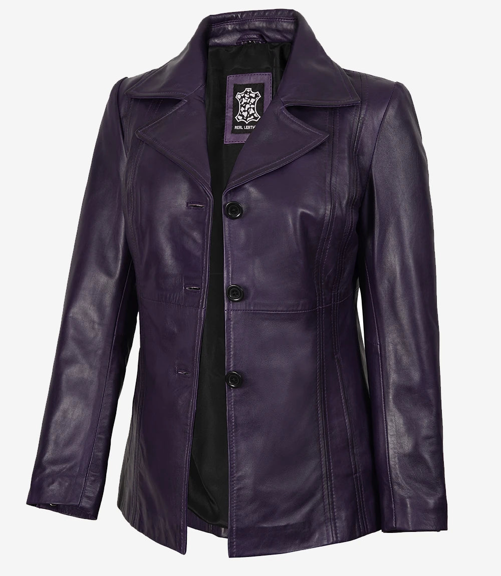 Womens Three Button Purple Leather Blazer