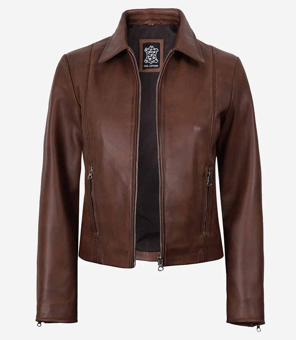 Women's Cognac Waxed Harrington Leather Jacket