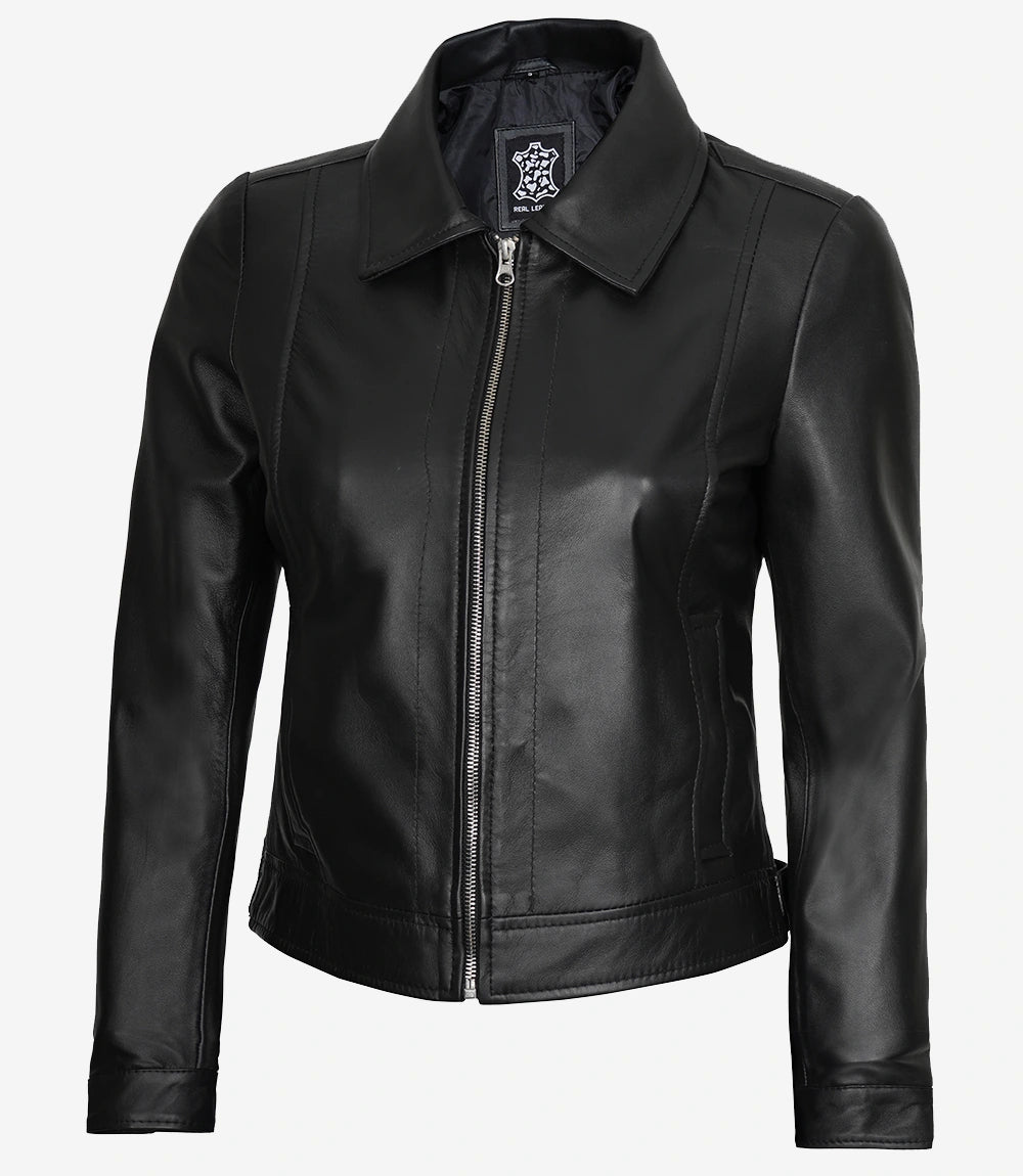 Womens Shirt Collar Black Leather Jacket