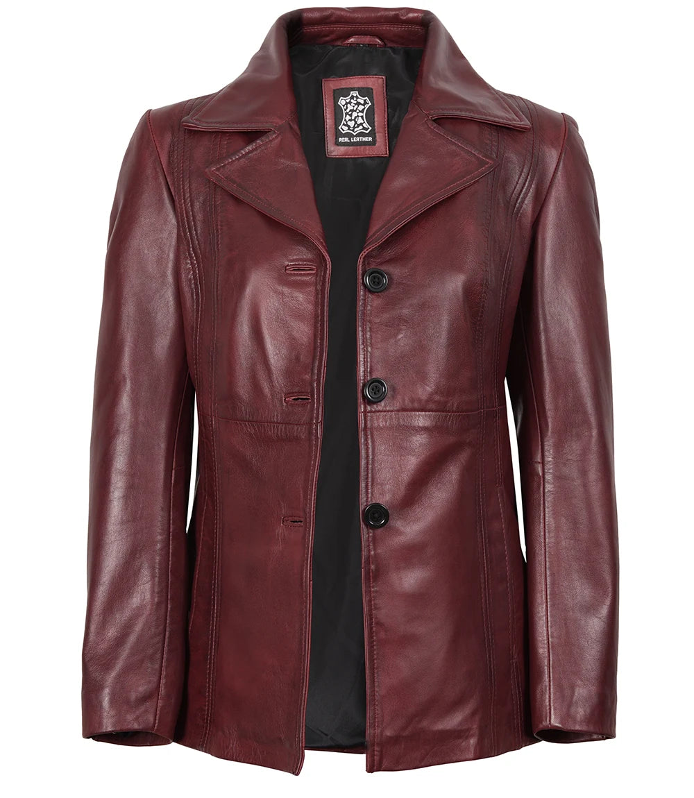 Womens Three Button Burgundy Leather Blazer