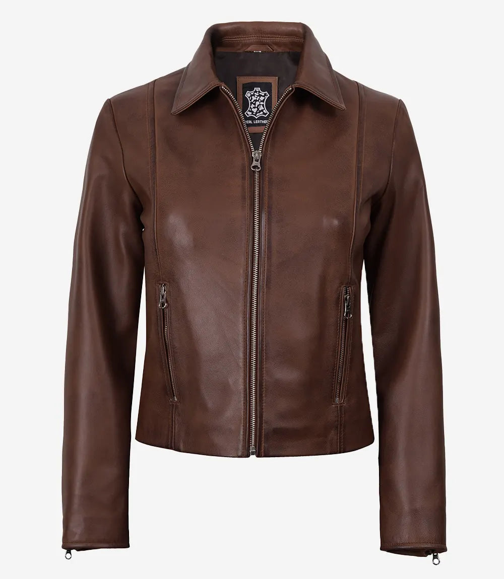 Women's Cognac Waxed Harrington Leather Jacket