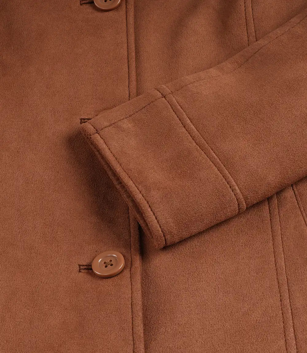Women's 3/4 Length Button Down Light Brown Faux Suede Coat
