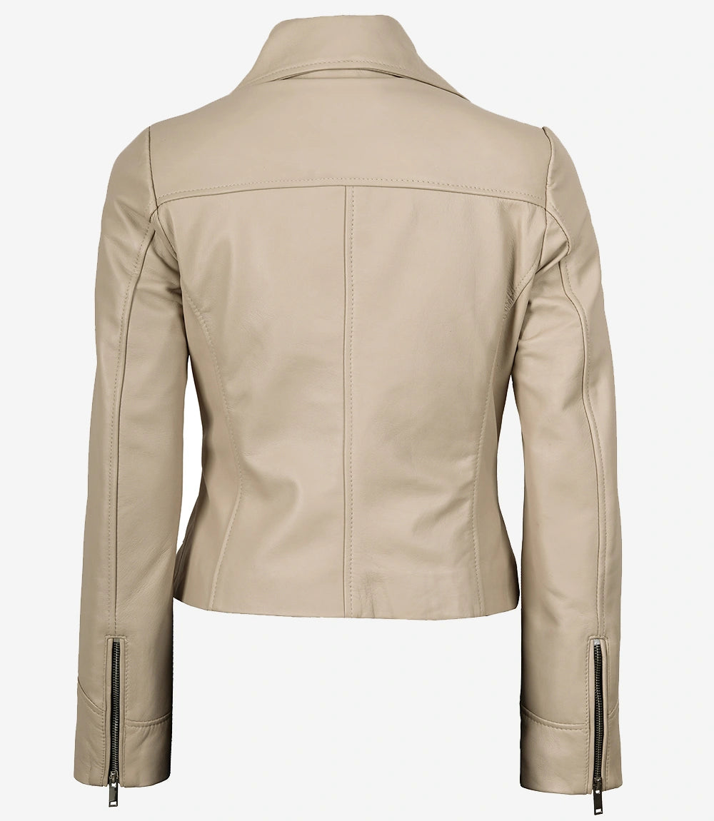Women's Real Lambskin Leather Beige Biker Style Jacket