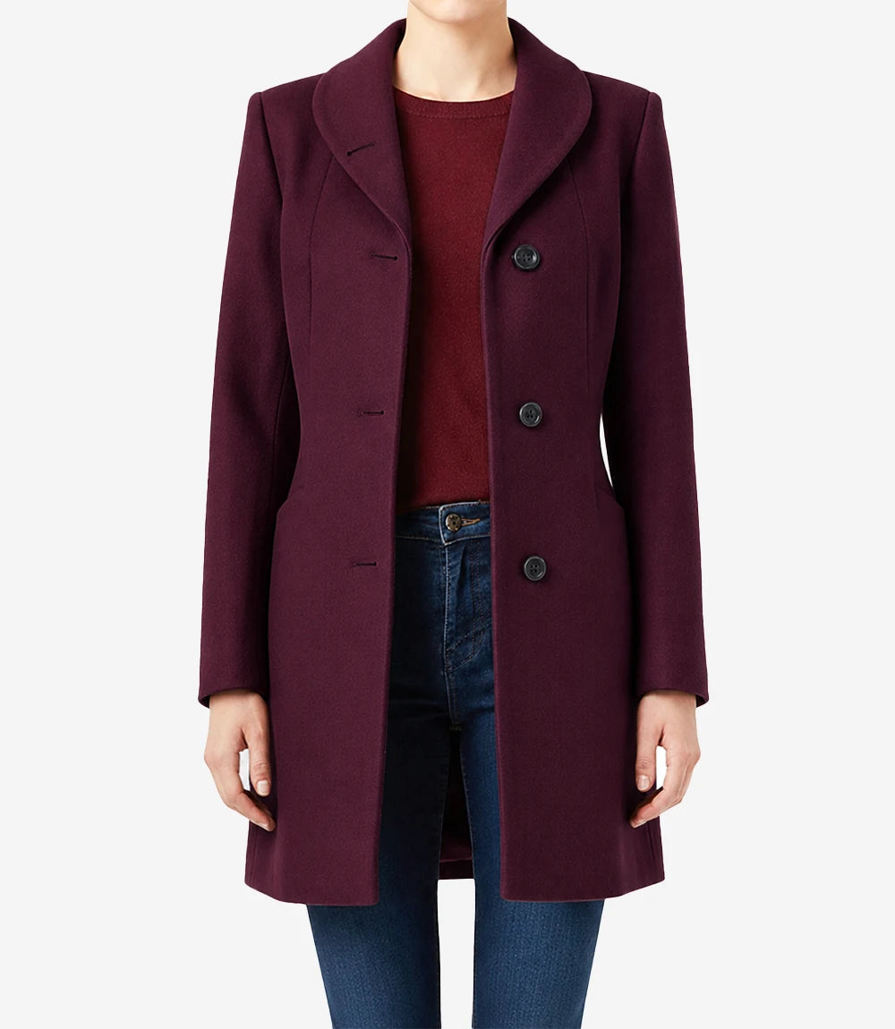 Barbara Women's Mid Length Burgundy Wool Coat