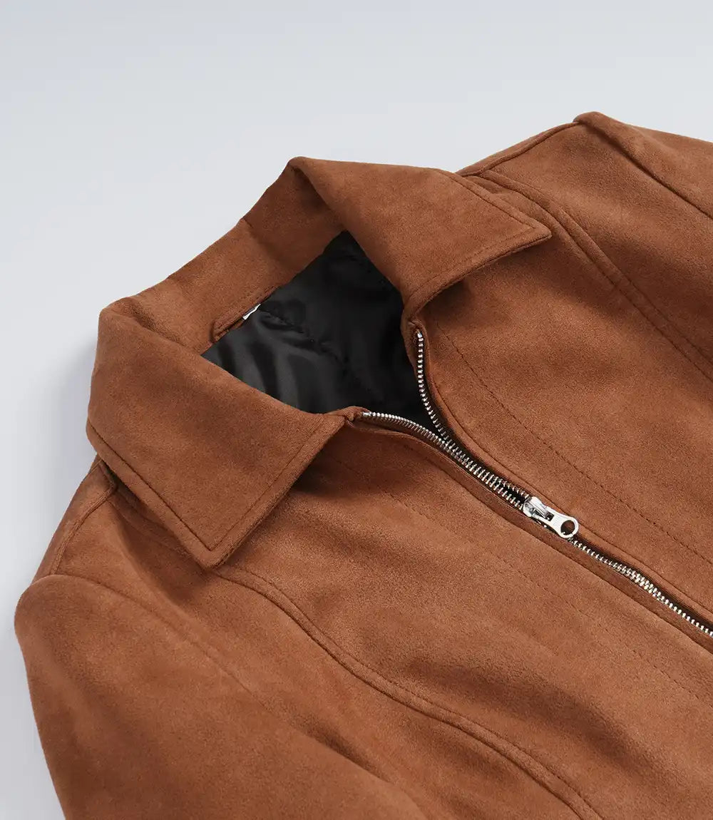 Womens Shirt Collar Light Brown Faux Suede Jacket