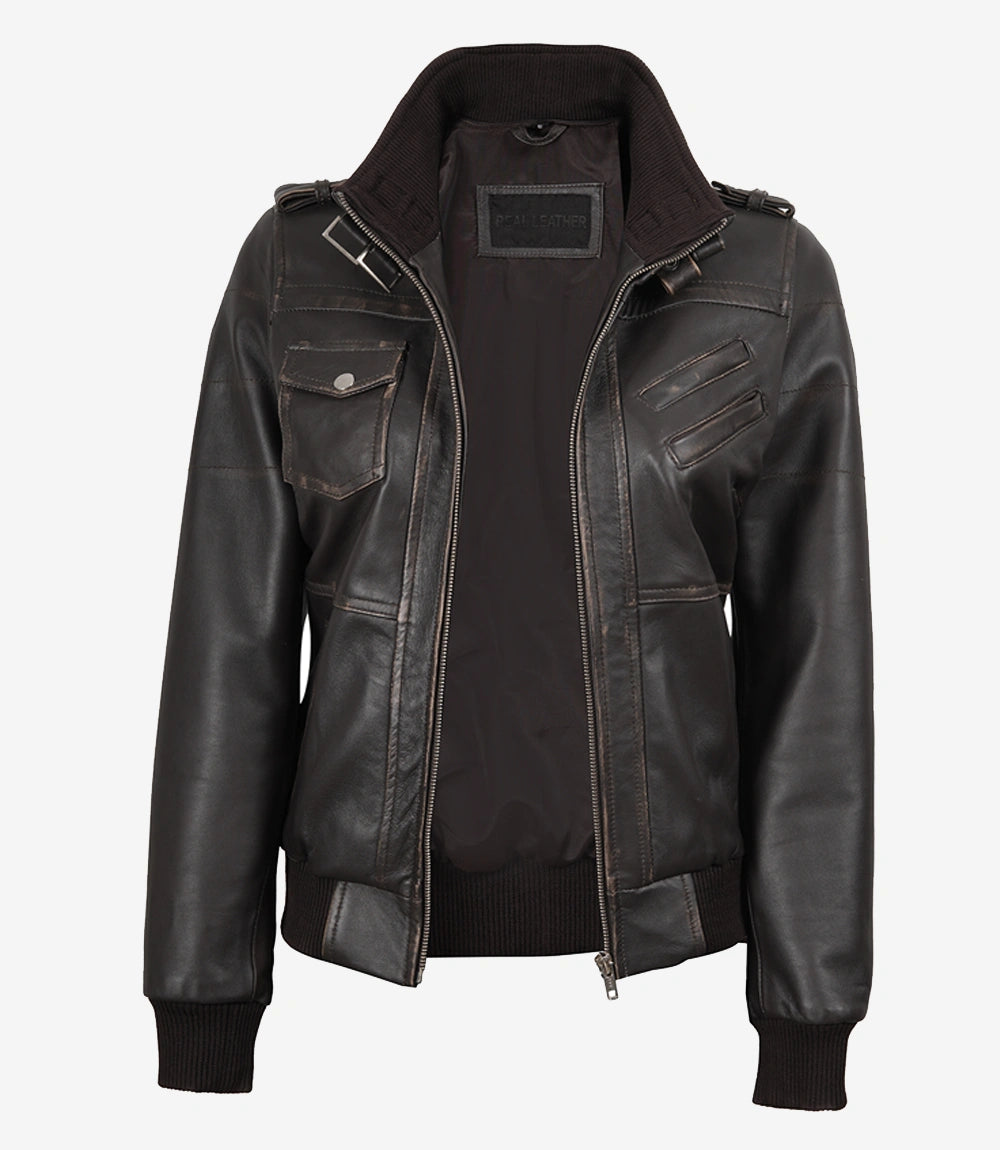 Womens Rub Off Brown Hooded Bomber Leather Jacket