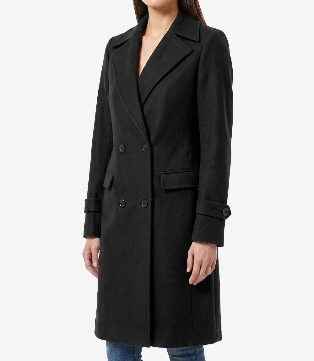 Stephany Women's Double-Breasted Black Wool Coat