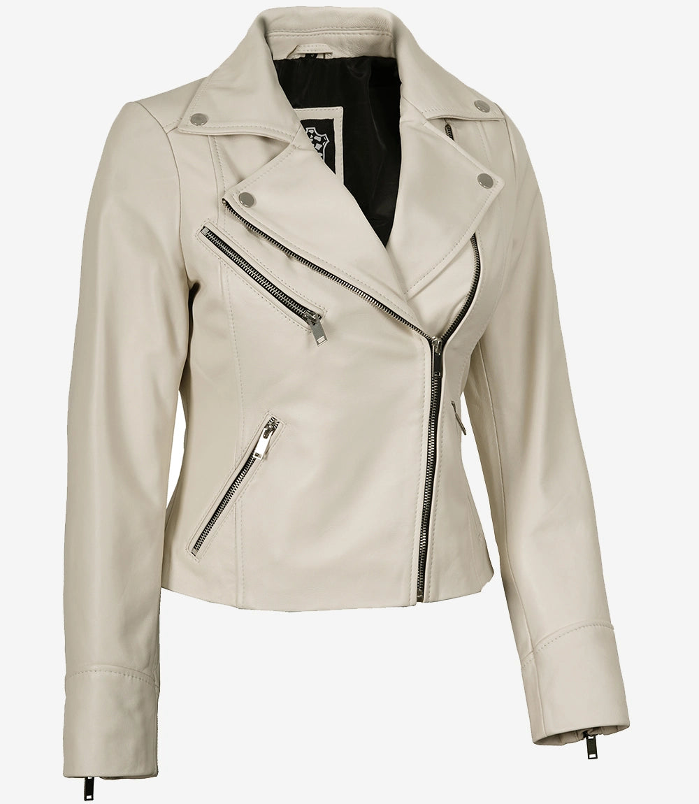 Women's Real Lambskin Leather Off White Biker Style Jacket