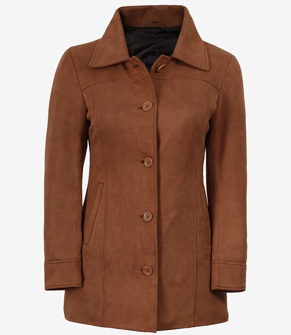 Women's 3/4 Length Button Down Light Brown Faux Suede Coat